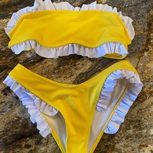 yellow and white ruffle bikini